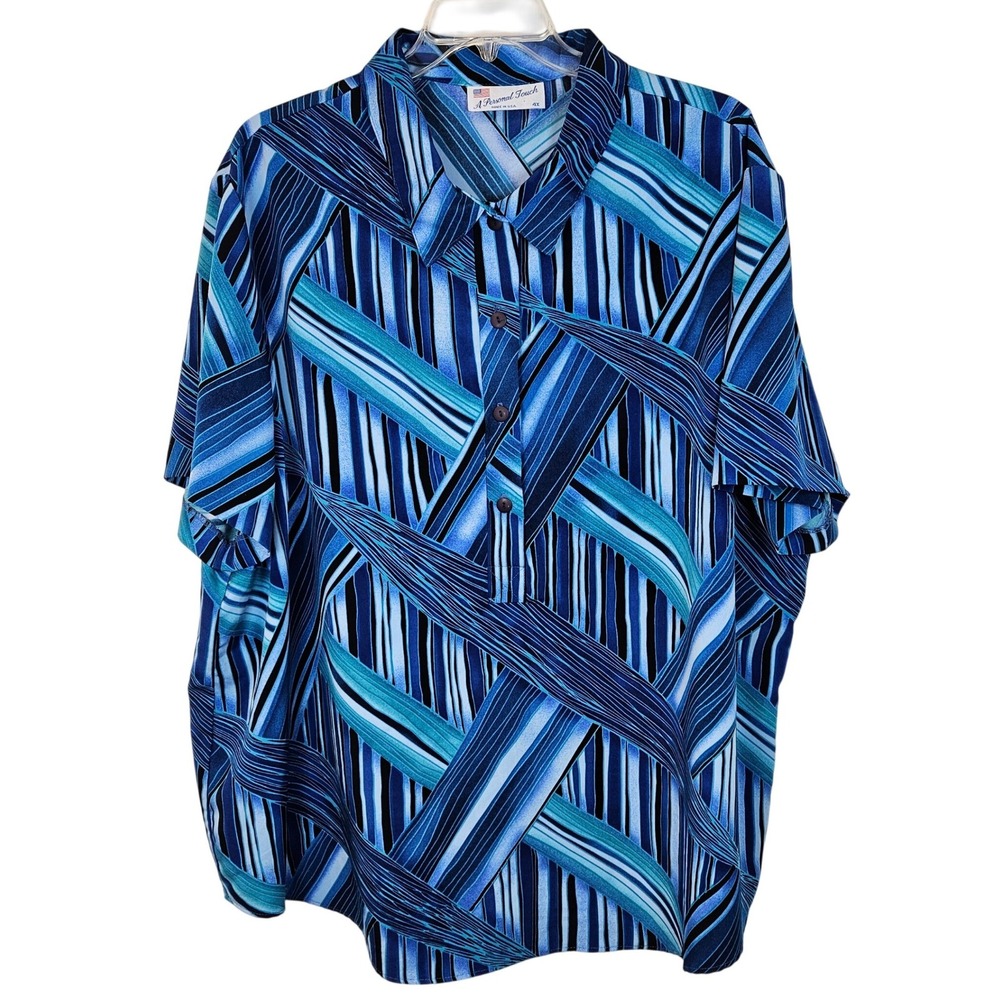 A‎ Personal Touch 4X Blue Abstract Blouse Made in USA Geometric Button Up Plus